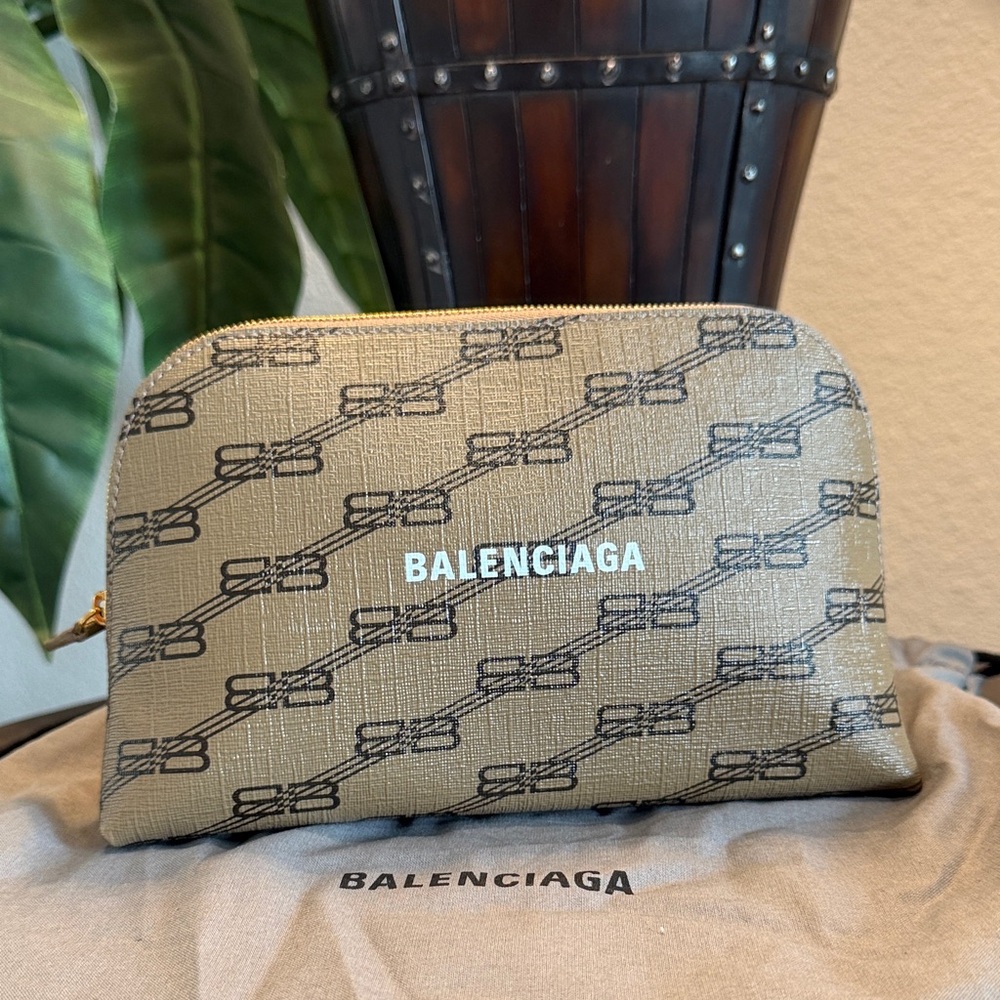 Balenciaga Beige Logo Print Cosmetic Pouch with Black Monogram Clutch Bag